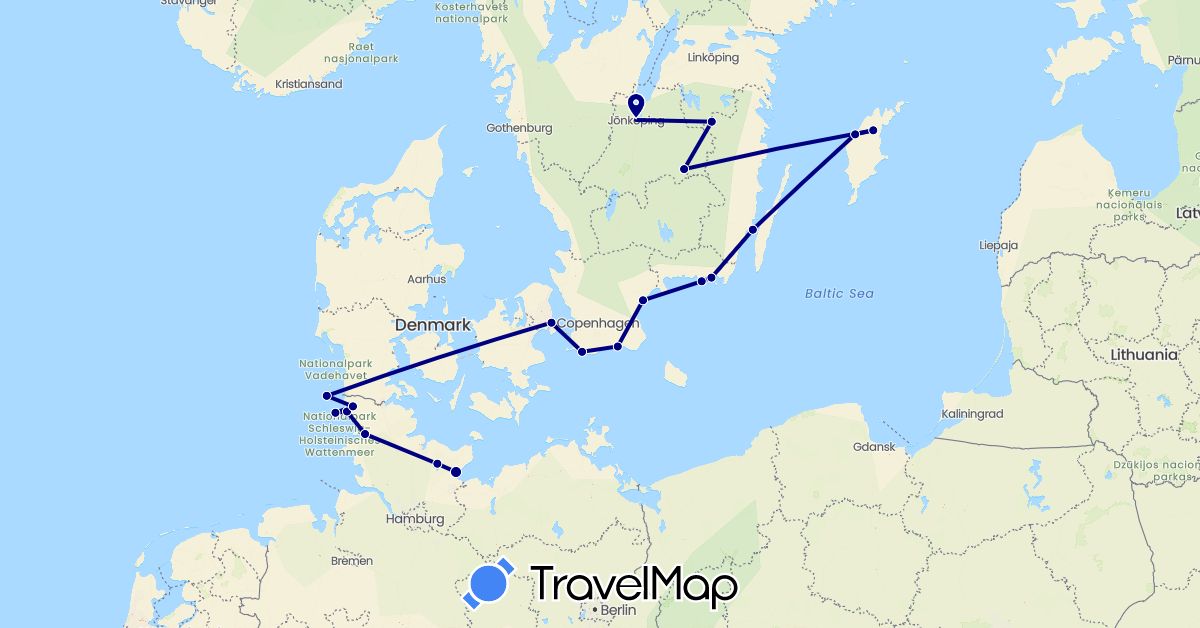 TravelMap itinerary: driving in Germany, Denmark, Sweden (Europe)